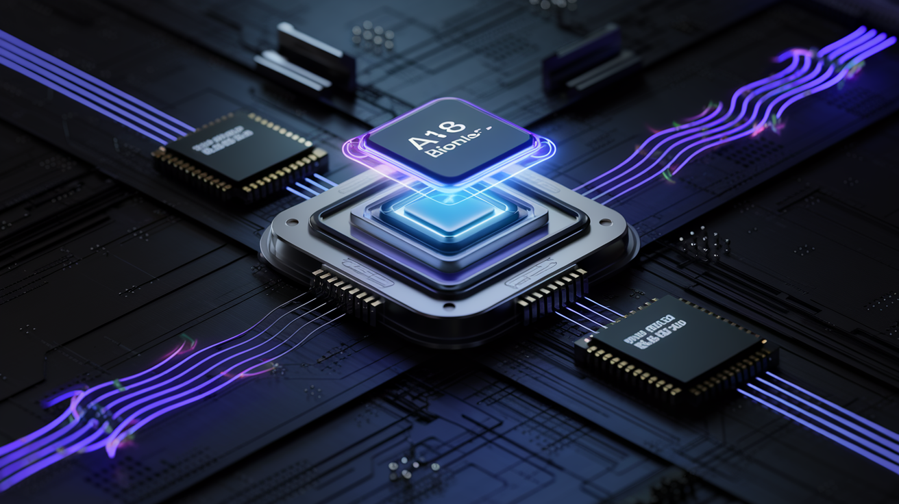 A dynamic visual of the A18 Bionic chip alongside 8GB RAM modules, symbolizing the enhanced performance of the iPhone SE 4.